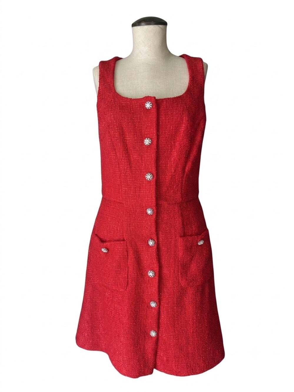 Taylor cherry Red shimmer Tweed Sleeveless rhinestone button cocktail dress. - Picture 13 of 13